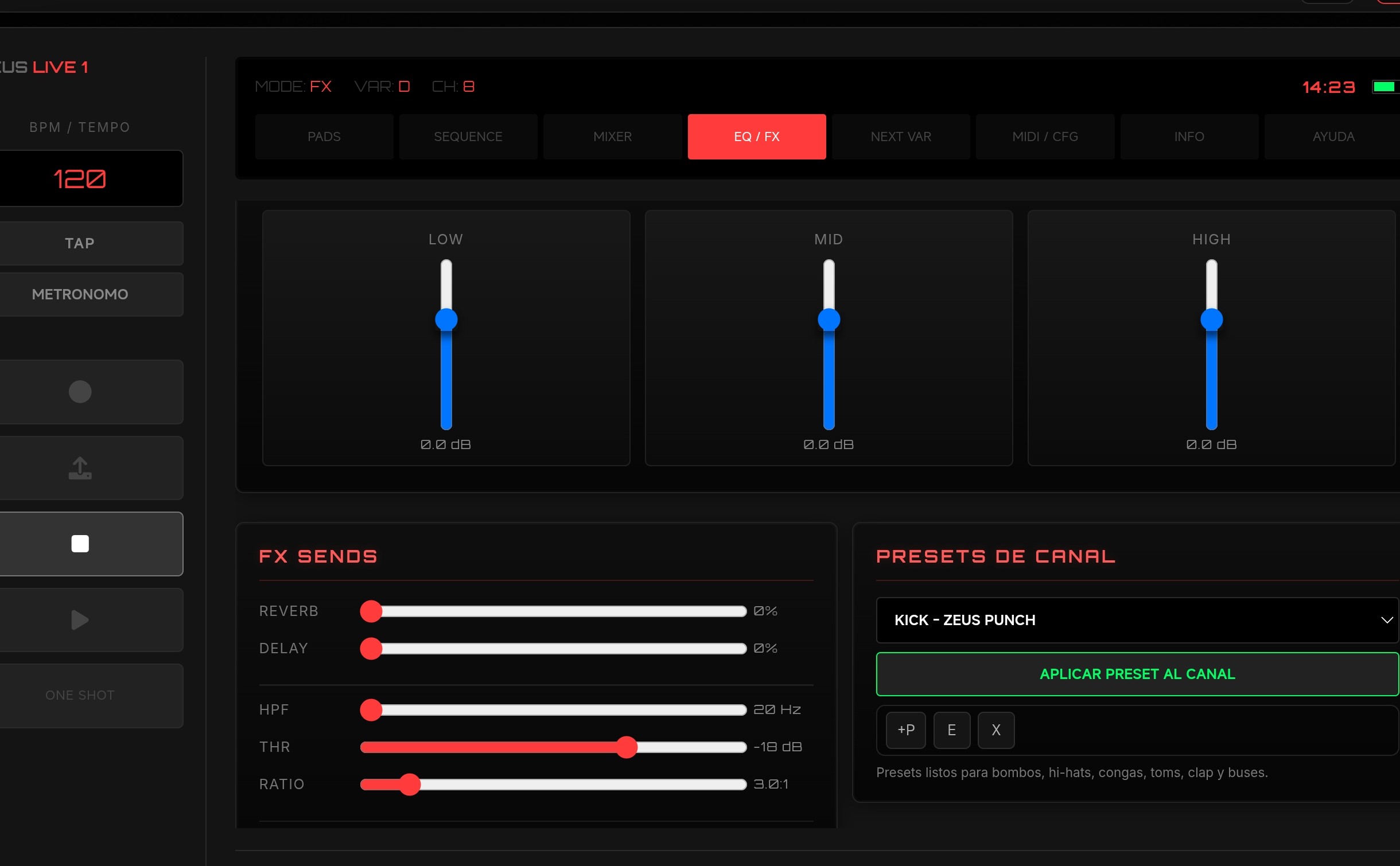 Vista EQ/FX - LOW MID HIGH faders, FX sends, presets