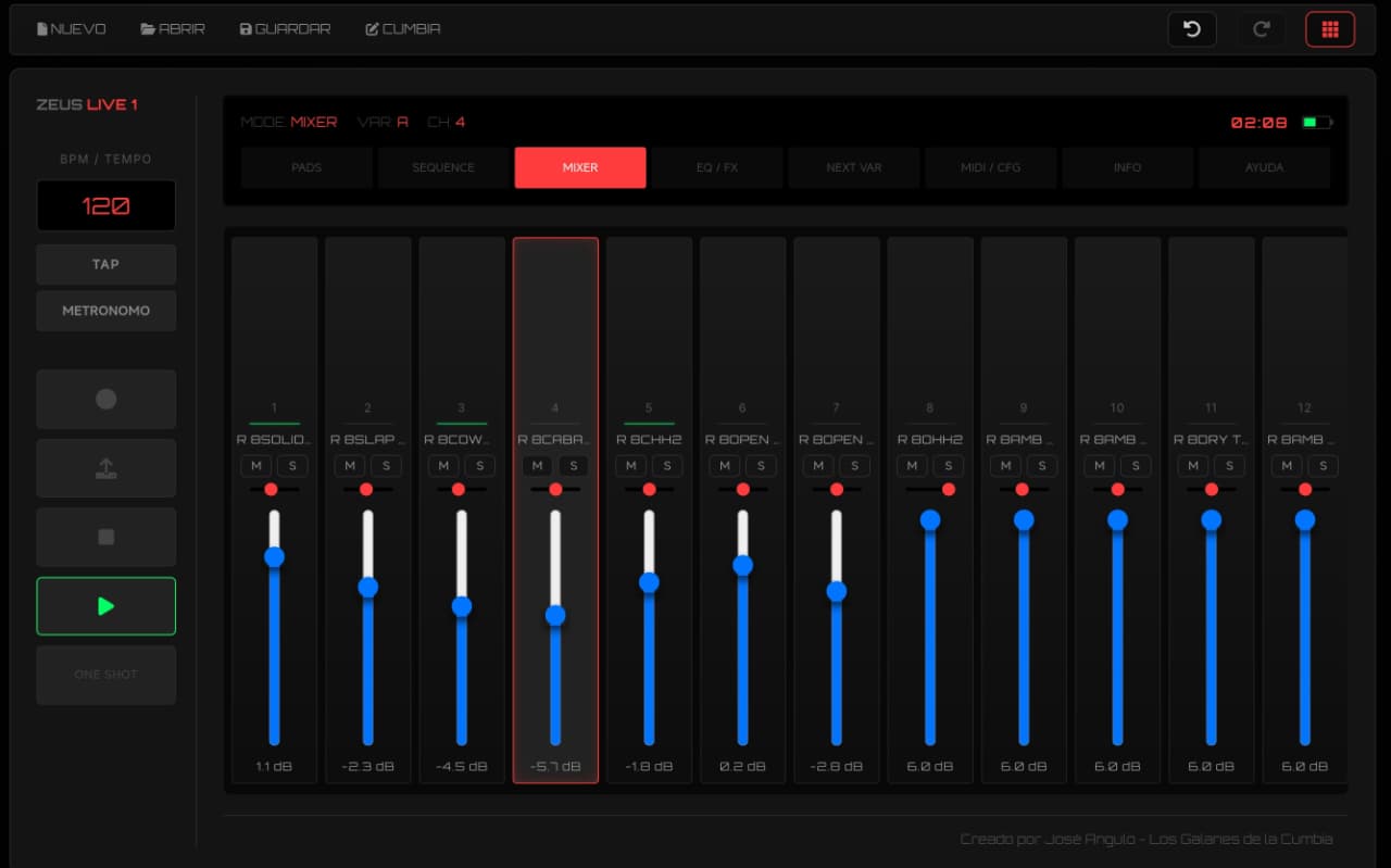 Vista Mixer - faders por canal, mute/solo, pan, niveles en dB