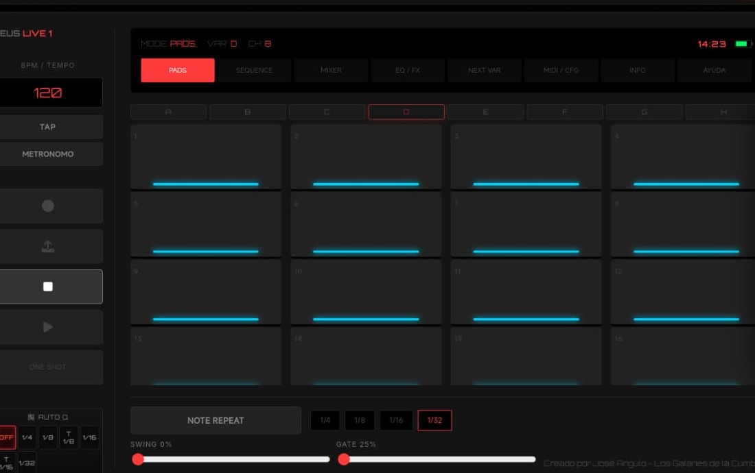 Zeus Live 1 - Vista de Pads con 16 pads, BPM y transporte
